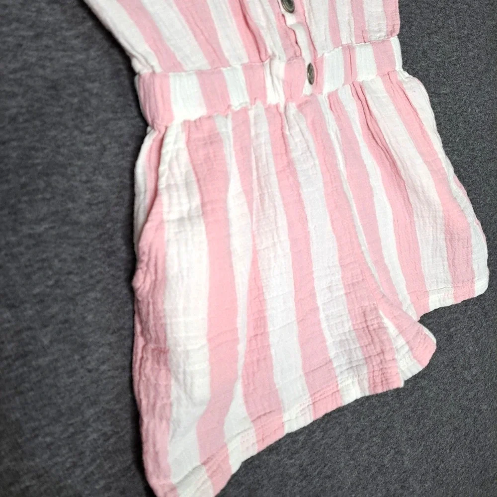 NWT Vertbaudet Romper Girls 6 Pink White Striped Sleeveless Ruffle Trim Jumpsuit